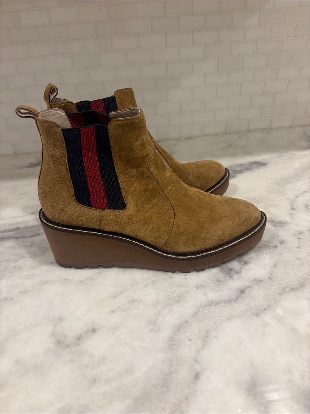 CECILIA NEW YORK GEMMA Tan Suede Wedge Chelsea Boots with Navy and Red Elastic